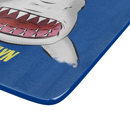 Grote witte haai gemiddelde cartoon illustratie snijplank (Hoek)