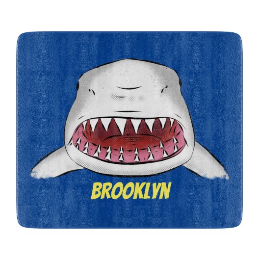 Grote witte haai gemiddelde cartoon illustratie snijplank (Voorkant)