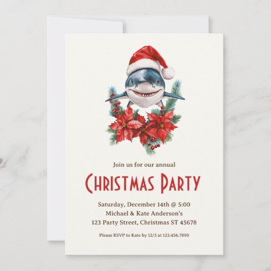 Grote witte haai in een kerstfeest met kerstmuts kaart (Voorkant)