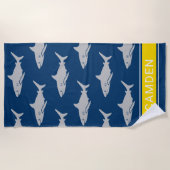Grote Witte Haai Navy Gele Monogram Naam Strandlaken (Voorkant)