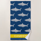Grote Witte Haai Navy Gele Monogram Naam Strandlaken (Voorkant)