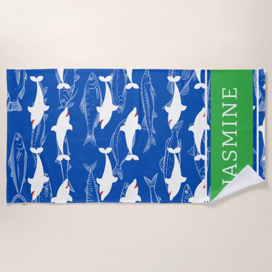 Grote Witte Haai Navy Groene Monogram Strandhanddo Strandlaken (Voorkant)