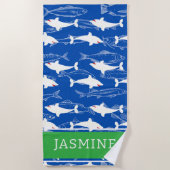 Grote Witte Haai Navy Groene Monogram Strandhanddo Strandlaken (Voorkant)