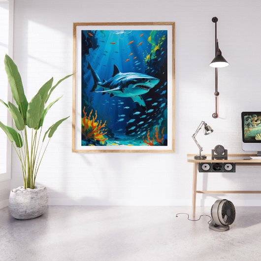 Grote witte haai oceaan schilderij levendig foto afdruk