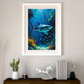Grote witte haai oceaan schilderij levendig foto afdruk