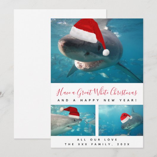 Grote witte haai Rode script Multi-fotocollage Feestdagenkaart (Voorkant / Achterkant)