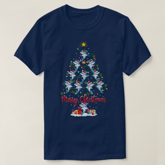 Grote witte haai vis kerstboom licht grappig t-shirt (Design voorkant)