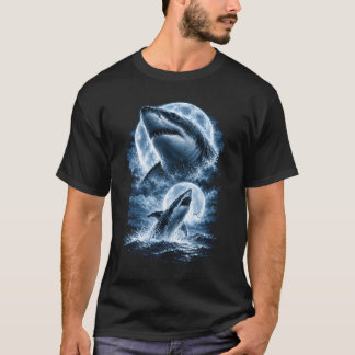 Grote witte haaien Volle maan Oceaan Nacht Wilde d T-shirt