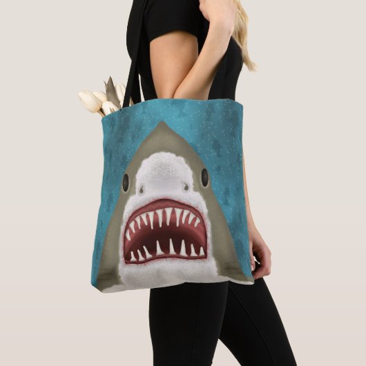 Grote witte haaienaanval Funny Fish Nautical Beach Tote Bag (Dichtbij)