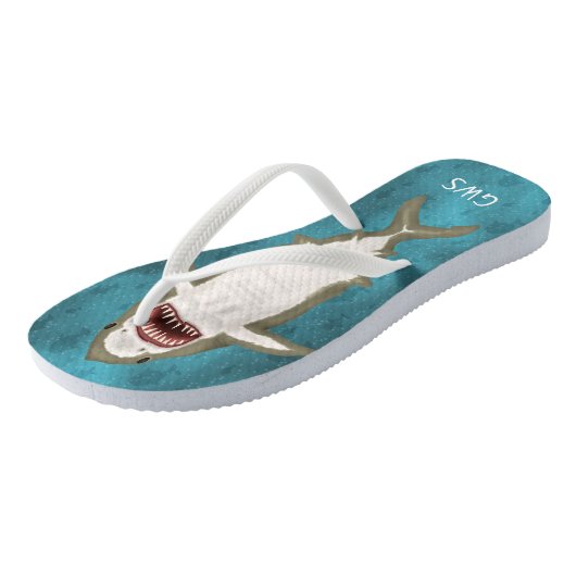 Grote witte haaienaanval Funny Ocean Monogrammed Teenslippers (Schuin)
