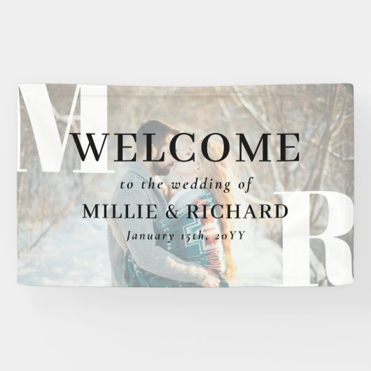 Grote Witte Initialen Foto Modern Bruiloft Welkom Spandoek (Horizontaal)