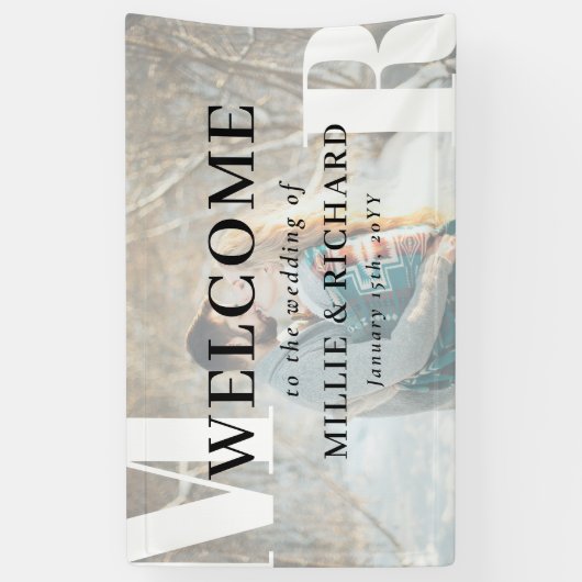 Grote Witte Initialen Foto Modern Bruiloft Welkom Spandoek (Verticaal)