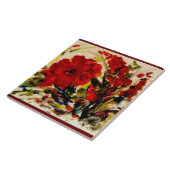 Grote witte keramische tegels, mooie bloem in rood tegeltje (Zijkant)