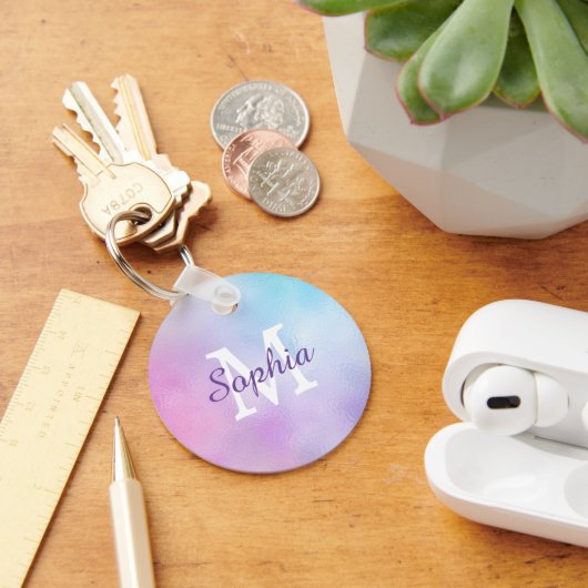 Grote witte monogram en paarse script naam irisere sleutelhanger (Bureau)