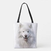 GROTE WITTE PLUIZIGE SAMOYED HOND TOTE BAG (Achterkant)