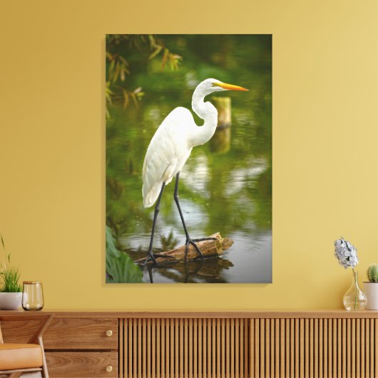 Grote witte reiger op een log Natuur fotografie Canvas Afdruk (Insitu (Woonkamer))