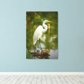 Grote witte reiger op een log Natuur fotografie Canvas Afdruk (Insitu (Houten vloer))