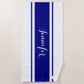 Grote Witte Script Naam Marine Blauwe Strepen op W Strandlaken (Voorkant)