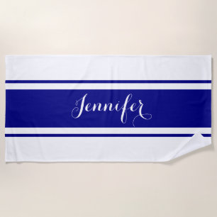 Grote witte script naam Navy blue strepen op wit Strandlaken