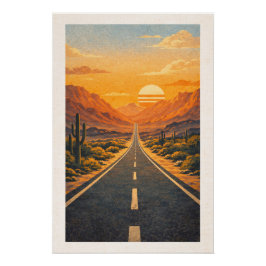 Grote woestijnsnelweg zonsondergang retro reispost perfect poster