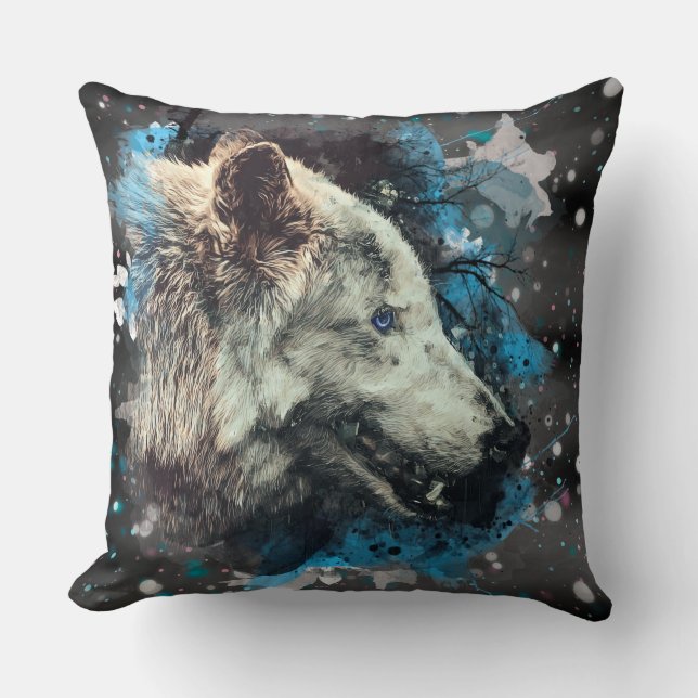 *~* Grote Wolf Totem Blauw Abstract Polyester Boho Kussen (Voorkant)