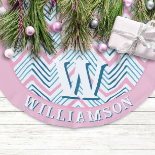 Grote Zag Chevron in Roze + Aqua Persoonlijk Imitatie Linnen Kerstboom Kleed