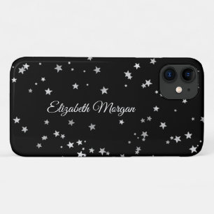 Grote zilveren sterren op zwart, witte scriptnaam Case-Mate iPhone case