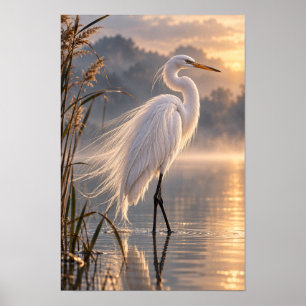 Grote Zilverreiger in Gouden Nevel Natuur Kunst aa Poster