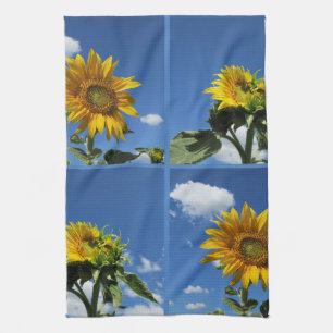 grote zonnebloem schijnt geel blauwe lucht witte k theedoek