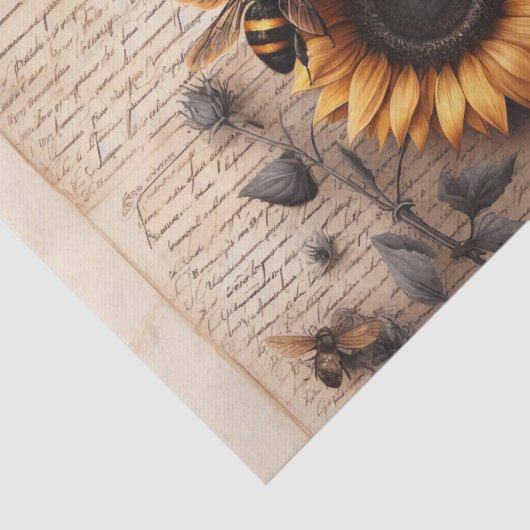 Grote Zonnebloemen met Bijen op Script Tissuepapier (Detail)