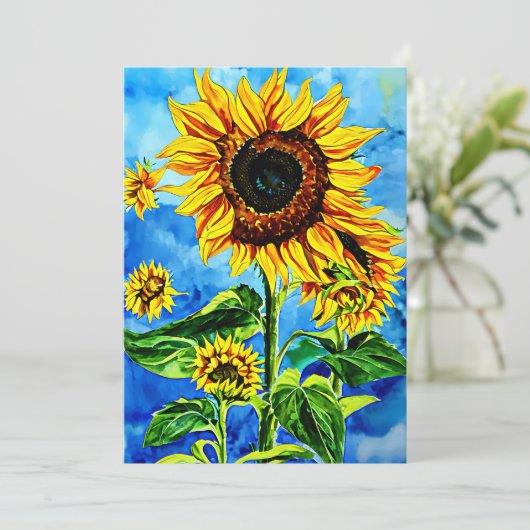 Grote zonnebloemen Waterverf natuur schilderij Feestdagenkaart (Staand voorkant)