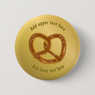 Grote zoute pretzel - gouden look plus uw grappige ronde button 5,7 cm