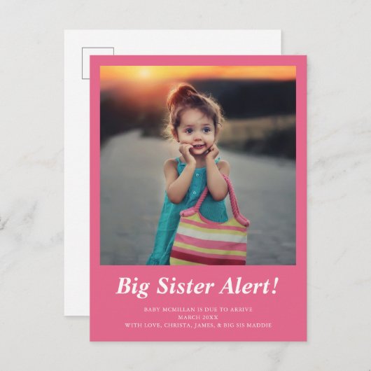 Grote Zus Foto Zwangerschap Roze Aankondiging (Voorkant / Achterkant)
