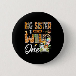 Grote zus van de wilde 1e verjaardag jongen safari ronde button 5,7 cm