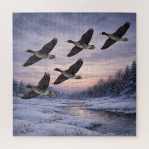 Grote Zwaneganzen bij Winterzonsondergang Legpuzzel