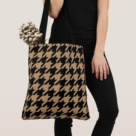 Grote Zwarte en Camel Brown Houndstooth Check Tote Bag (Dichtbij)