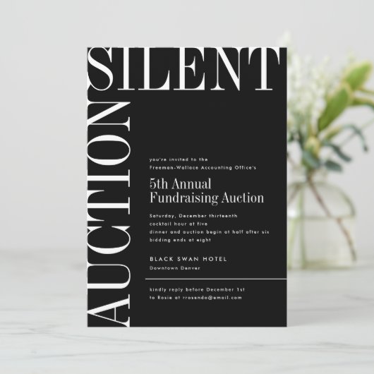 Grote zwarte en witte tekst Silent Auction Invitat Kaart (Staand voorkant)