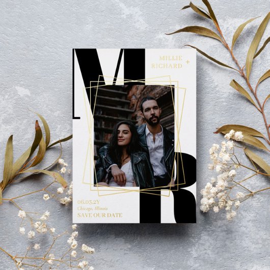 Grote zwarte Initialen Moderne Foto opslaan Datum Folie Uitnodiging