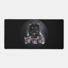 Grote zwarte kat en haar 3 Kittens poseren voor on Bureaumat