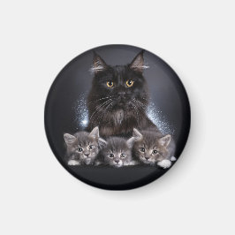 Grote Zwarte Kat En Haar 3 Kittens Poseren Voor On Magneet