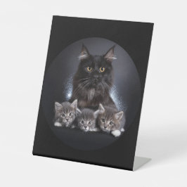 Grote zwarte kat en haar 3 Kittens poseren voor on Reclamebord Met Voetstuk