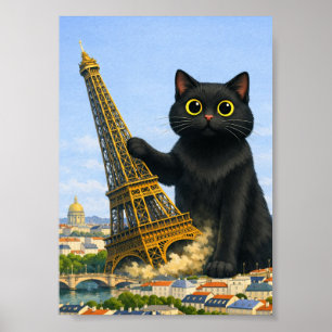 Grote Zwarte Kat Werpt Eiffeltoren Omver Denkend A Poster