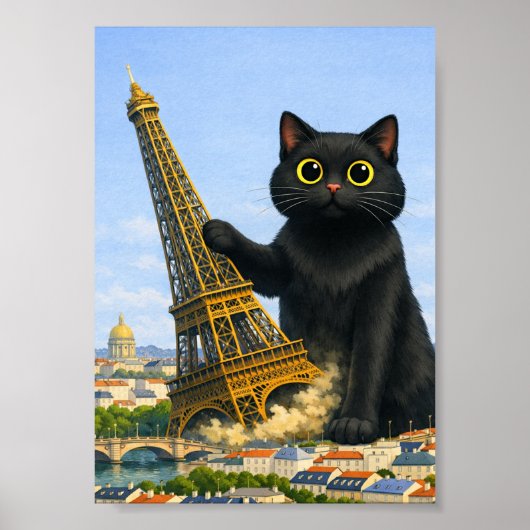 Grote Zwarte Kat Werpt Eiffeltoren Omver Denkend A Poster (Voorkant)