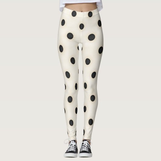 Grote zwarte polka stippen op Antiek wit Leggings (Voorkant)