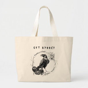 Grote zwarte Raven of Crow Halloween Gothic Spooky Grote Tote Bag