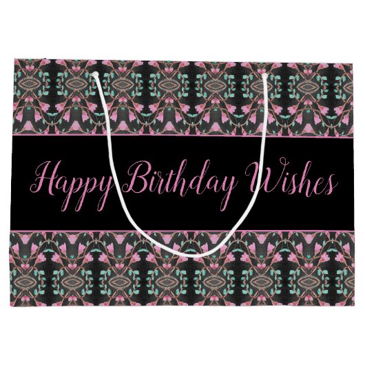 Grote zwarte roze en Blauwgroen papieren verjaarda Groot Cadeauzakje (Achterkant)