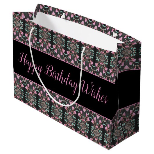 Grote zwarte roze en Blauwgroen papieren verjaarda Groot Cadeauzakje (Achterkant Gekanteld)