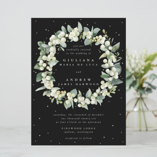 Grote zwarte sneeuwbes + eucalyptus krans bruiloft kaart (Staand voorkant)