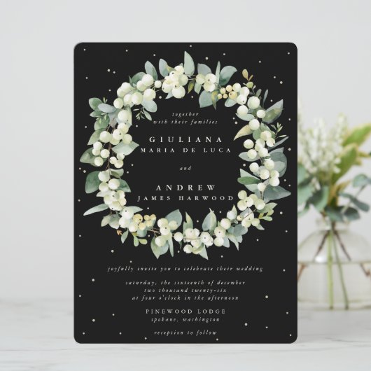 Grote zwarte sneeuwbes + eucalyptus krans bruiloft kaart (Staand voorkant)