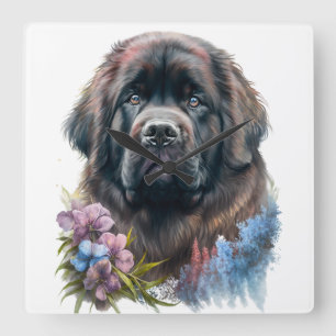 GROTE ZWARTE WATERVERF NEWFOUNDLAND DOG VIERKANTE KLOK